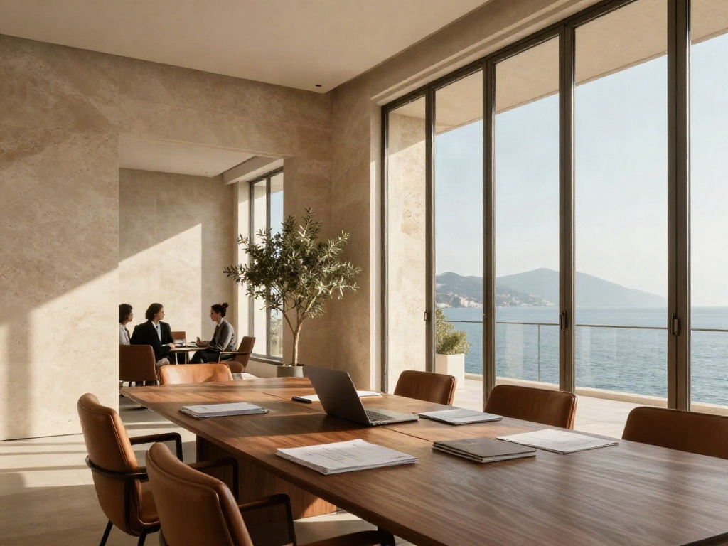 Sunlit coastal boardroom with a walnut conference table, leather chairs and views across the Adriatic